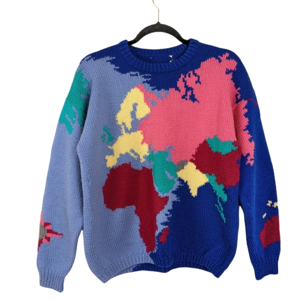 National Geographic Vintage World Map Unique Print Chunky Knit Sweater sz Large